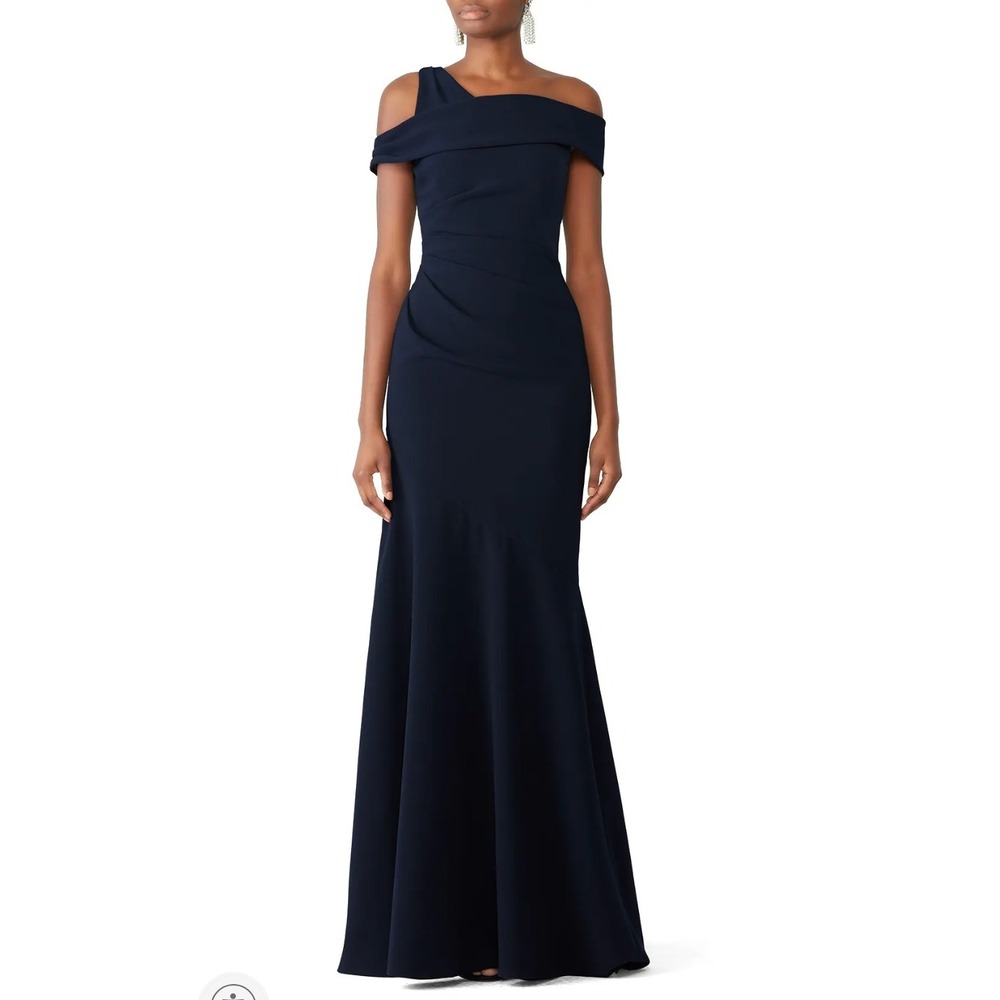 THEIA Navy Mermaid Gown‎ Blue Asymmetrical Ruched Formal Evening Dress Sz 2